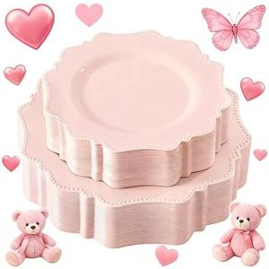 COLOSUS Disposable Pink Party Plastic Plates Set, 60 Pack (30 Guest) Dinner & Salad/Dessert Plate for Spring Wedding Birthday Party Dinner,Easter Day party plates