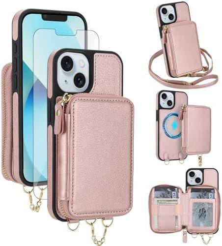 Phone Case for iPhone 13/14 6.1 inch Wallet Zipper Cover With Screen Protector Crossbody Lanyard Strap 2-in-1 Detachable RFID Blocking Flip iPhone13 iPhone14 5G i i-Phone i13 i14 Women Men Rose Gold