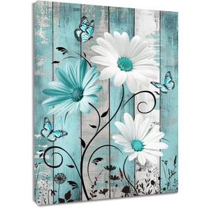 MYUSRE Farmhouse Teal Floral Wall Art for Bathroom, Turquoise Daisy and Butterfly on Retro Wood Canvas Wall Art Wildflower Nature Plant Pictures for Bedroom Living Room Wall Decor, 16L X 12W inches