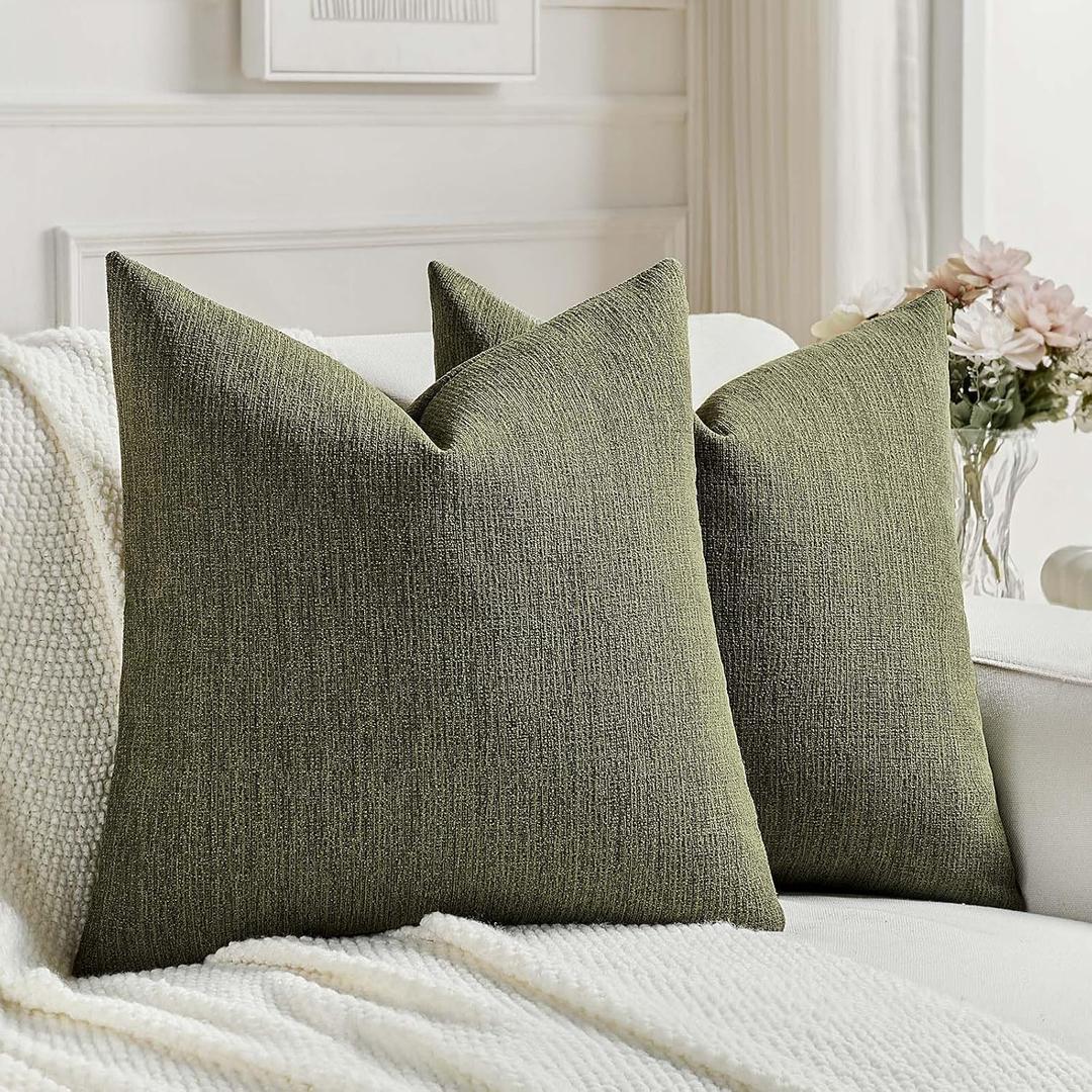 FUTEI Pack of 2 Chenille Decorative Throw Pillow Covers 18x18 Inch,Soft Cozy Faux Linen Textured Cushion Case,Farmhouse Home Decor for Couch Living Room,Moss Green