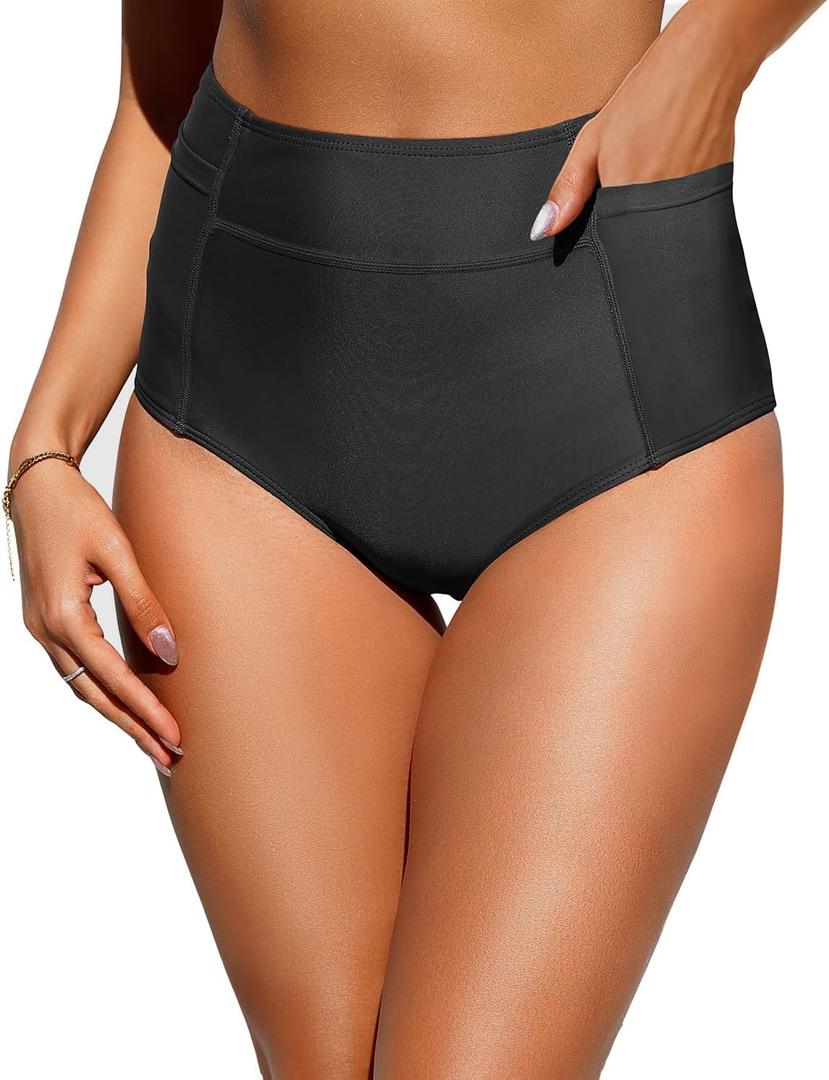 Tempt Me Women High Waisted Swimsuit Bikini Bottoms - Tummy Control Swim Bottom Full Coverage Bathing Suit with Pockets 2025 (X-Large, Black)