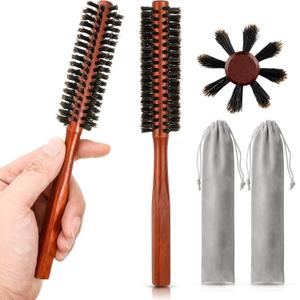 Patelai 2 Pcs Boar Bristle Round Brush Small Round Hair Brush Styling Roller Brush Anti Static Quiff Mini Comb with Wooden Handle for Blow Drying Straightening Curling Wet Thin or Short Hair