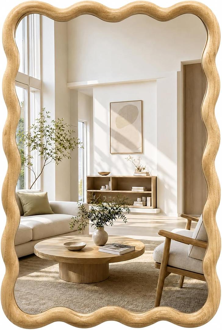 Wavy Solid Wood Mirror Boho Wall Mirror Rectangular, 20"x30"