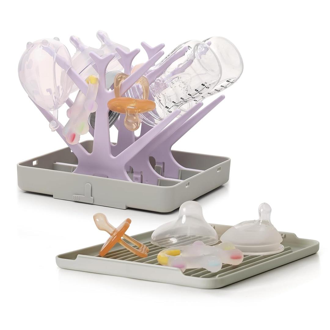 haakaa Portable Baby Bottle Drying Rack with Tray, Space Saving Bottle Drying Tree for Bottles/Pump Parts/Pacifiers,Easy-Store Dryer Rack Great for Home & Travel, BPA Free (Lavender)