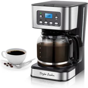Taylor Swoden 12-Cup Programmable Coffee Maker, Regular & Strong Brew Drip Coffee Machine for Home and Office, Glass Carafe, Pause & Serve, Auto Shut Off, Black & Stainless Steel
