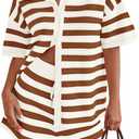 PRETTYGARDEN Women's 2 Piece Shorts Sets Casual Summer 2025 Short Sleeve Striped Sweater Set Matching Beach Vacation Outfit (X-Large, Khaki)