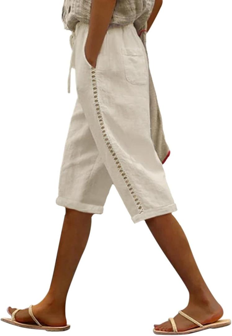 Puimentiua Women Linen Shorts Casual Knee Length Bermuda Shorts with Hollow Side Summer Beach Lightweight Capri Pants, Light Khaki, Large
