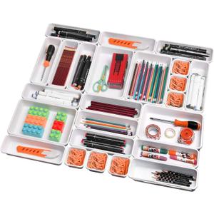 Toolly Set of 24 Interlocking Desk Drawer Organizer Tray Dividers, Plastic Shallow Narrow Drawers Organizers Separators Storage Bins Container for Kitchen Office Bathroom Makeup