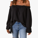 Women's Off Shoulder Top Ruffle Long Sleeve Chiffon Blouse Casual Loose Shirts L