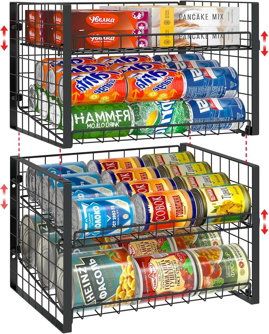 JKsmart 2-Tier Stackable Can Rack Organizer for Pantry, Adjustable Can Dispenser Holds Up to 60 Cans, Can Storage Holder for Various Ounces of Canned Food Soda Drinks, Black, 2 Pack