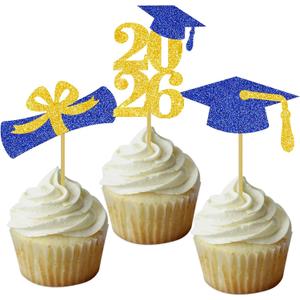 Graduation Cupcake Toppers Grad Party Decoration Food Picks Congrats Glitter Diploma Cap School Colors Supplies 24 PCS Blue Gold