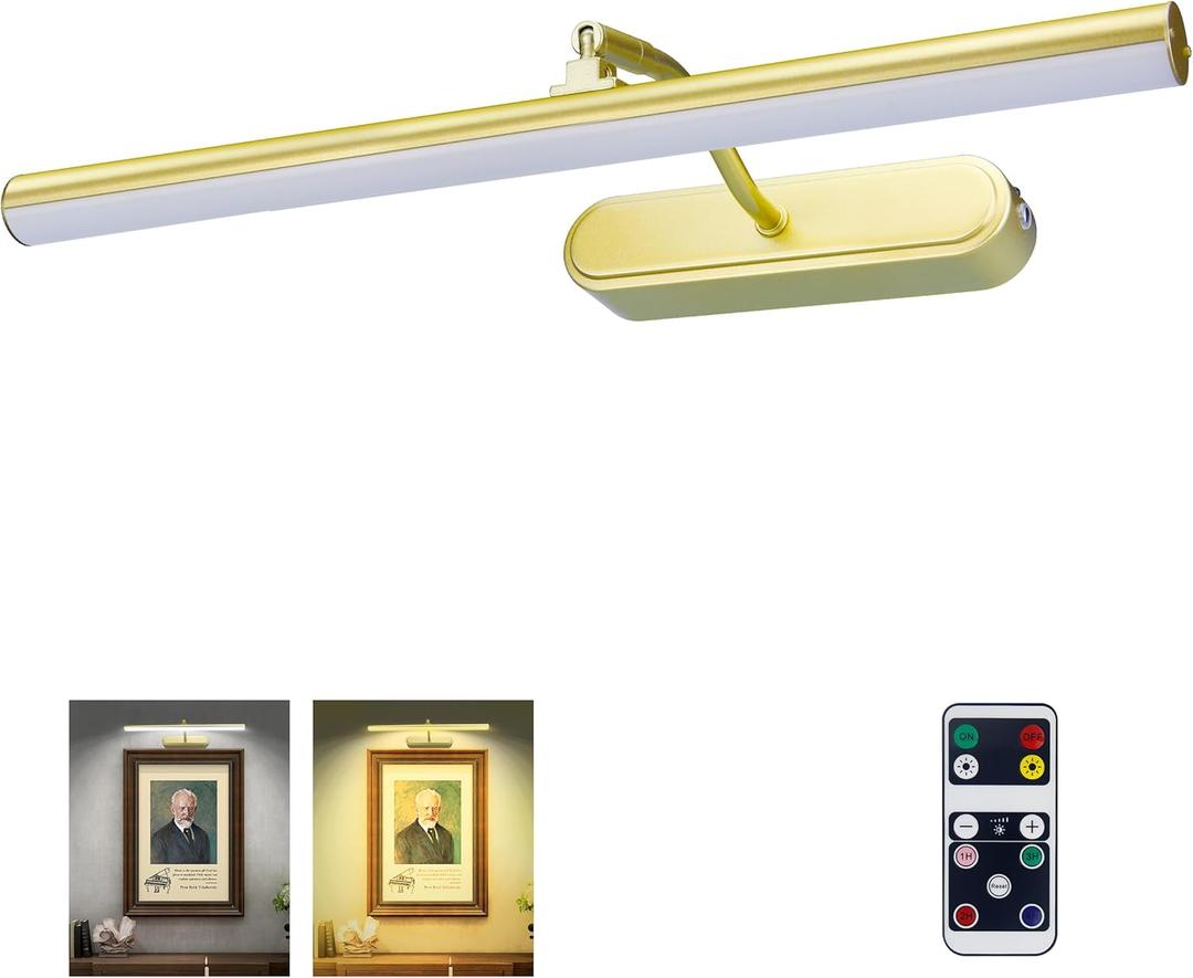 Picture Light,3AA Battery Wall Lights,Wireless Art Lights for Paintings,Remote Control Accent Light with Timer and Dimmable for Frame,Portrait,Mirror-GD (15INCH, Gold)