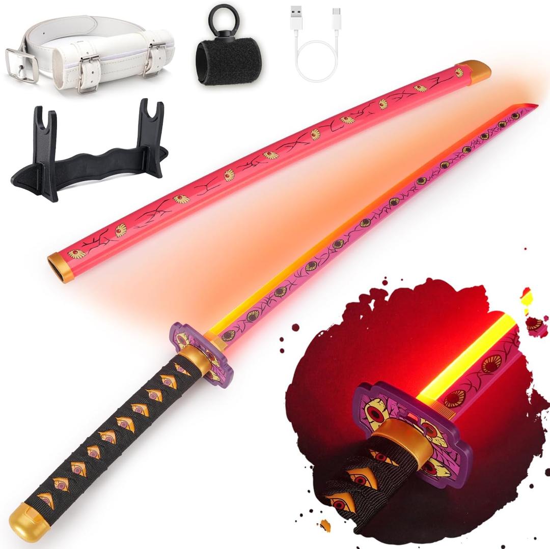 RENGENG Light Up Sword, 40 Inches Rechargeable Plastic Anime Replica with Belt & Stand, Original Texture Anime Sword (Kokushibo)