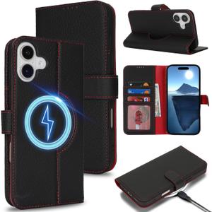 Zouzt for iPhone 16 6.1 Inch Genuine Leather Wallet Case with Card Holder, Compatible with MagSafe Magnetic Wireless Charging Flip Folio Book Phone Cover Women Men for iPhone 16 - Litchi Black