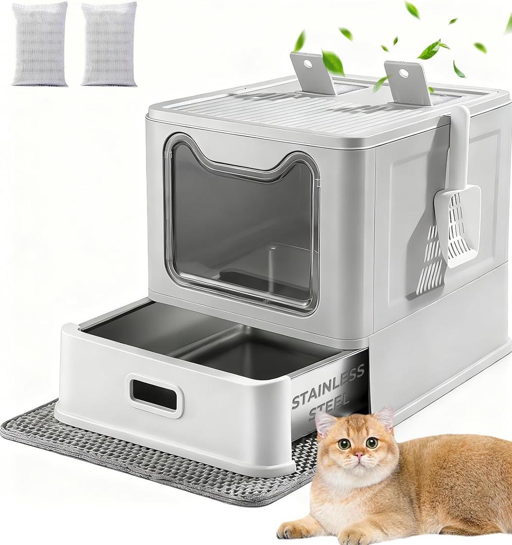 Stainless Steel Cat Litter Box with Lid and Drawer, Enclosed XXL Litter Box for Large Cats Includes Litter Mat & Scoop, Enclosed
