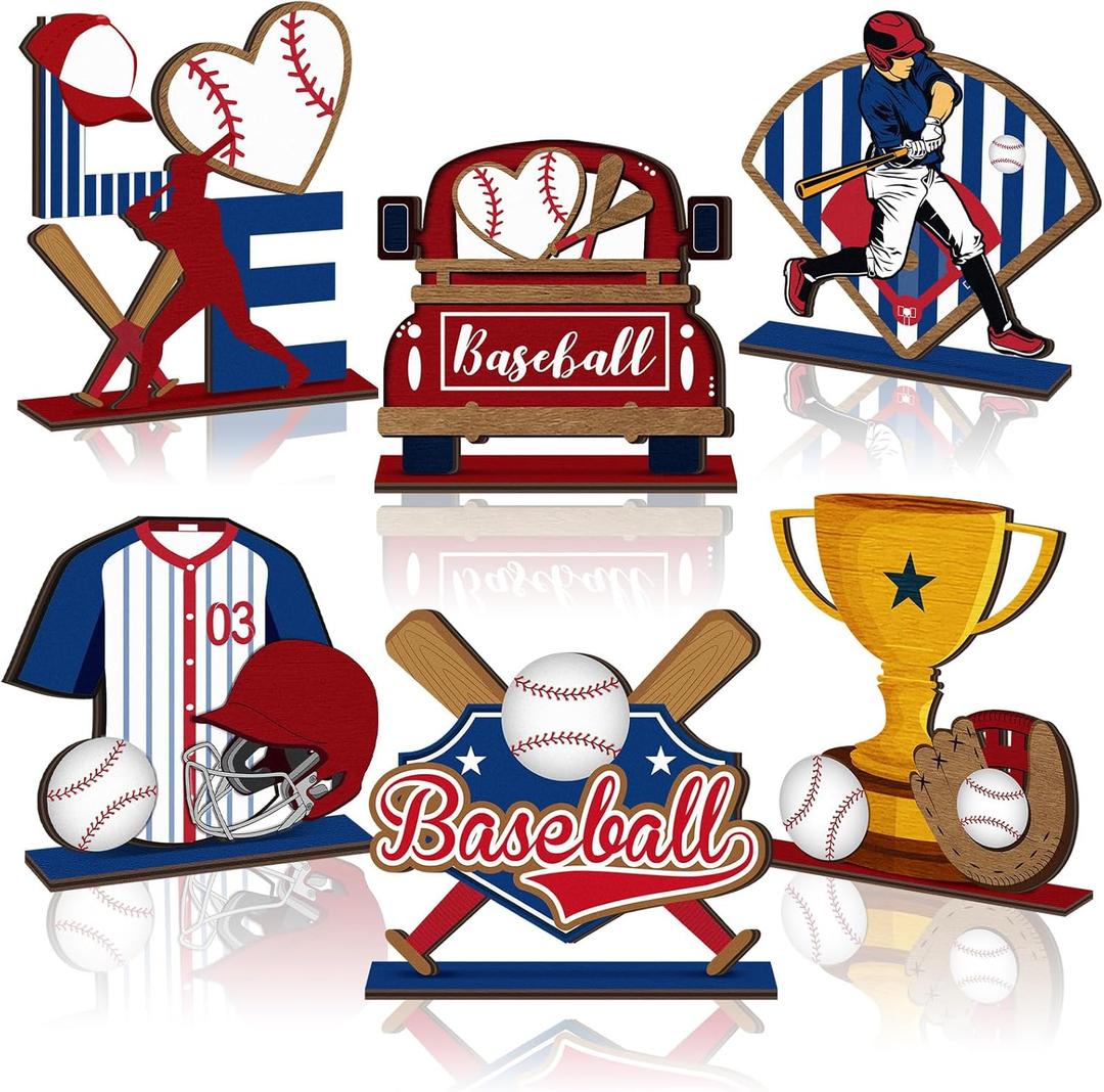 6 Pcs Baseball Party Table Decorations Baseball Wood Table Centerpieces Sports Wooden Sign Tabletop Decorations for Fans Club Sport Party Birthday Home School Desk Shelves Tiered Tray Decor