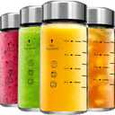 Glass Juice Bottles 4 Pack 12 oz - Wide Mouth Glass Water Bottles with Lids - Borosilicate,Stainless Steel Lids for Juicing, Smoothies, Infused Water, Beverage Storage, Leakproof, Reusable,BPA Free