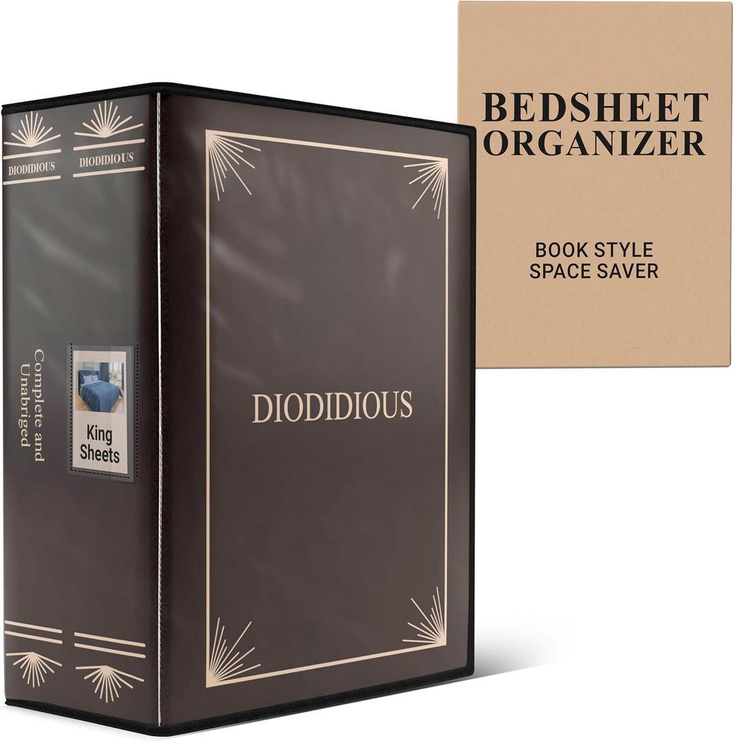 Bedsheet Organizer for Linen Closet, Foldable Faux Leather Book-Style Storage Box with Label Window, Decorative Bedding and Sheet Organizer for Queen & King Sets, Brown