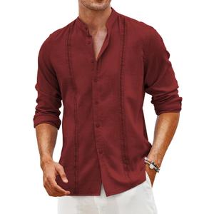 COOFANDY Men's Cuban Guayabera Shirt Casual Long Sleeve Button Down Shirts Band Collar Linen Summer Beach Shirt (XXL)