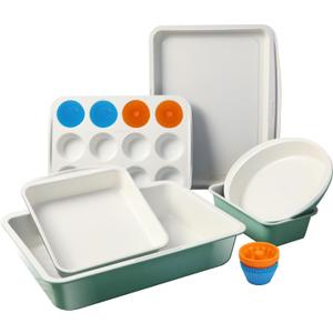 Ceramic Nonstick Baking Pans Set, Non Toxic 30 PCS Stackable Bakeware Sets, 550F Oven Safe Baking Sheet & Pans, Warp-Free, Dishwasher Safe, PTFE/PFOA/PFOS-Free (Green)