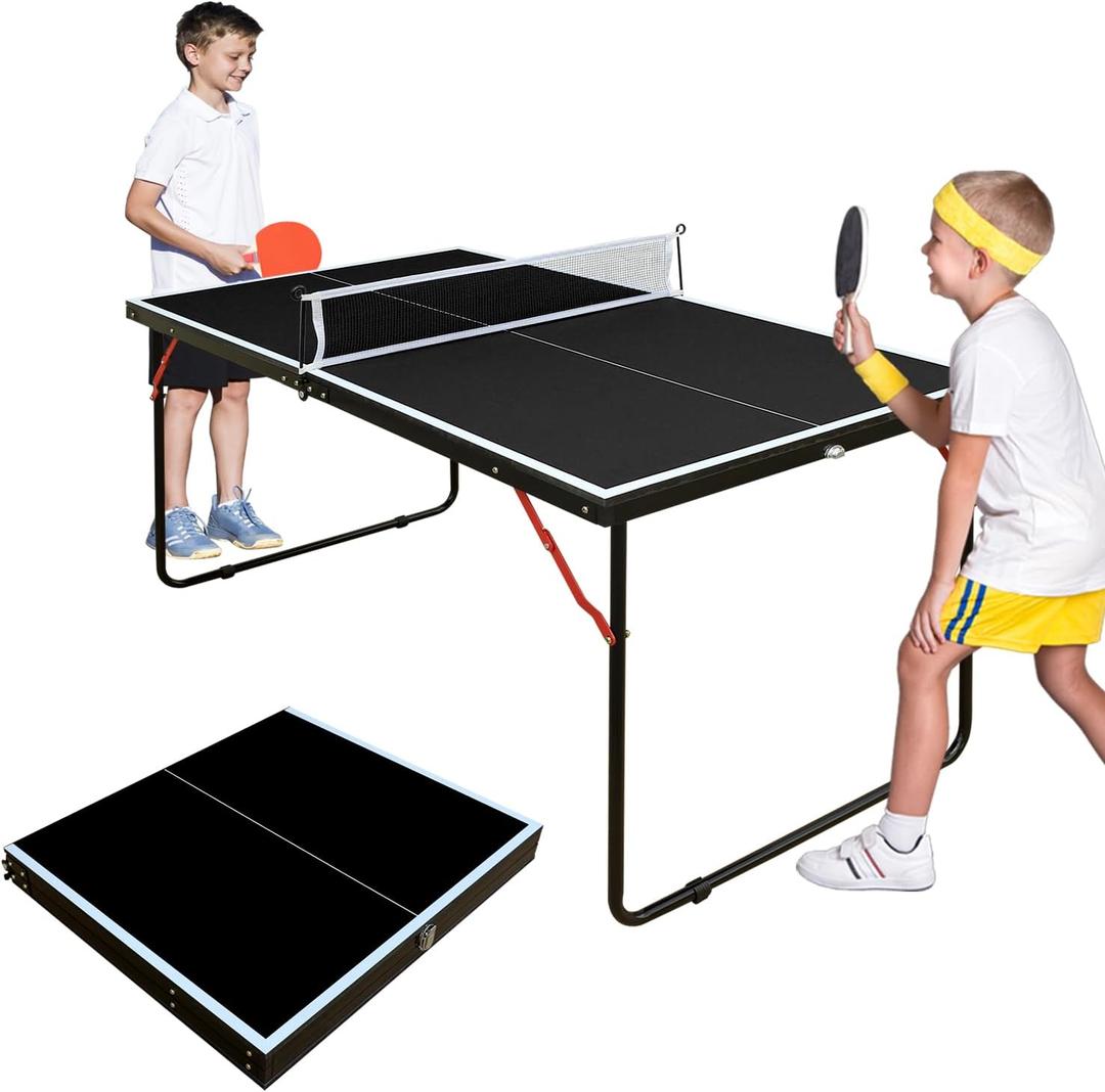 SculPong 4.5FT Ping Pong Table Foldable Table Tennis Table with Net, Paddles and Balls, MDF Multi-Use Family Game Table Assembly Free for Kid Child Teenager Adult, Small Compact Portable Black Table