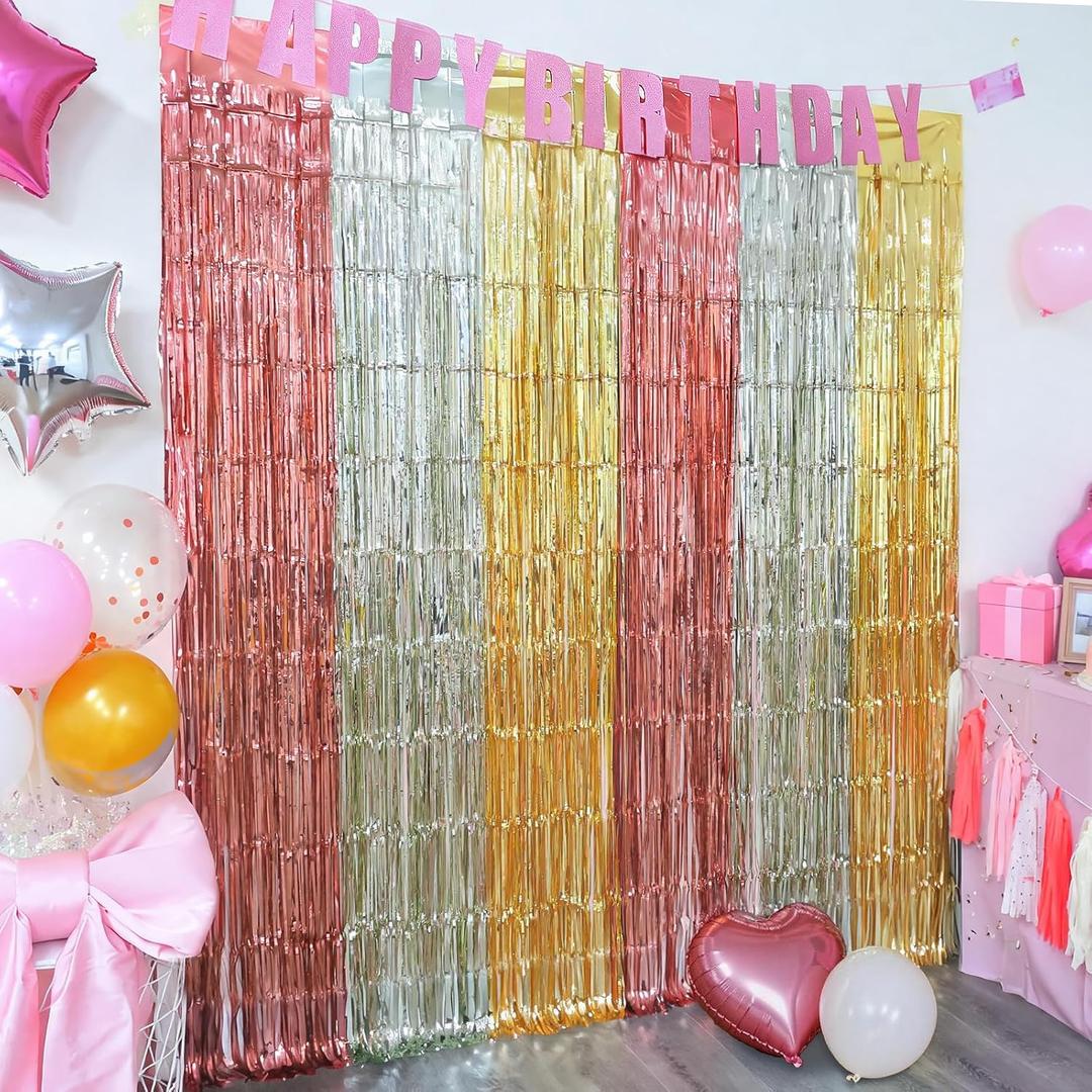 3 x Menstarsi Rose Gold Party Decoration, 2 Pack Pink White Gold Decor, 3.3x6.6 ft Foil Fringe Curtains Photo Booth Props for Girl Baby Shower Decorations, Bridal Shower, Princess Birthday Party Backdrop