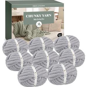Jumbo Chunky Yarn for Hand Knitting - Super Thick Chenille Chunky Yarn for Crocheting - Extra Soft Bulky Fluffy Blanket Big Yarn 8 Jumbo Pack (27yds,8 oz Each Skein) Light Grey
