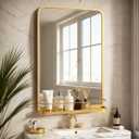 Bathroom Mirror with Shelf for Shaving, 15.7x23.6 Inch Wall-Mounted Rectangle Metal Mirror with Storage, Matte Black Vanity Mirror with Rounded Corners for Over Sink, Decor(Gold/15.7x23.6 in)