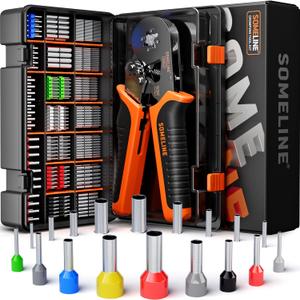 SOMELINE Ferrule Crimping Tool Kit, Self-Adjusting Pliers for Wire Ferrules AWG 24-8, With 18 Sizes Insulated and Non-insulated Wire Ferrules Terminals, Square Crimp Connector Assortment Kit