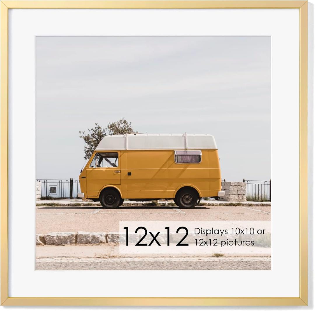 12x12 Metal Picture Frame with 10x10 Mat, Brushed Aluminum Finish, Attached Hanging Hardware, and Tempered Glass Front - Versatile Vertical or Horizontal Wall Display Frames Set of 1 - Gold