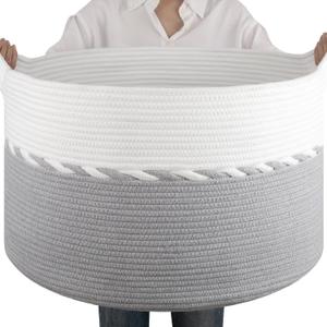 OIAHOMY 90L Blanket Basket for Living Room, Large Basket 23" x 23" x 13" with Handle, Laundry Hamper for Blankets, Pillows, Toy Storage for Kids, Dogs - Grey & White