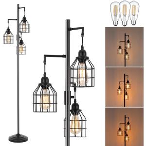 9MMML Floor Lamp for Living Room, Farmhouse Industrial Dimmable Floor lamp,3 Lights Metal Cage Tree Standing Lamp,68", 3Pcs Led Bulbs Included