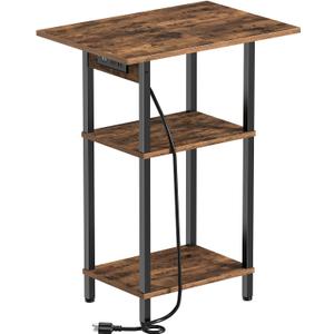 Tall End Table with Charging Station, Skinny Nightstand with USB Ports and Outlets, 3 Tier Narrow Side Table with Storage for Bedroom, Living Room, Office, Rustic Brown and Black