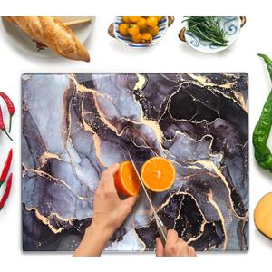 Kitchenville Glass Cutting Board 20x16: Tempered Glass Kitchen Counter Protector - Durable- Scratch-Resistant, Heat-Proof - Design 8 - Grey & Gold