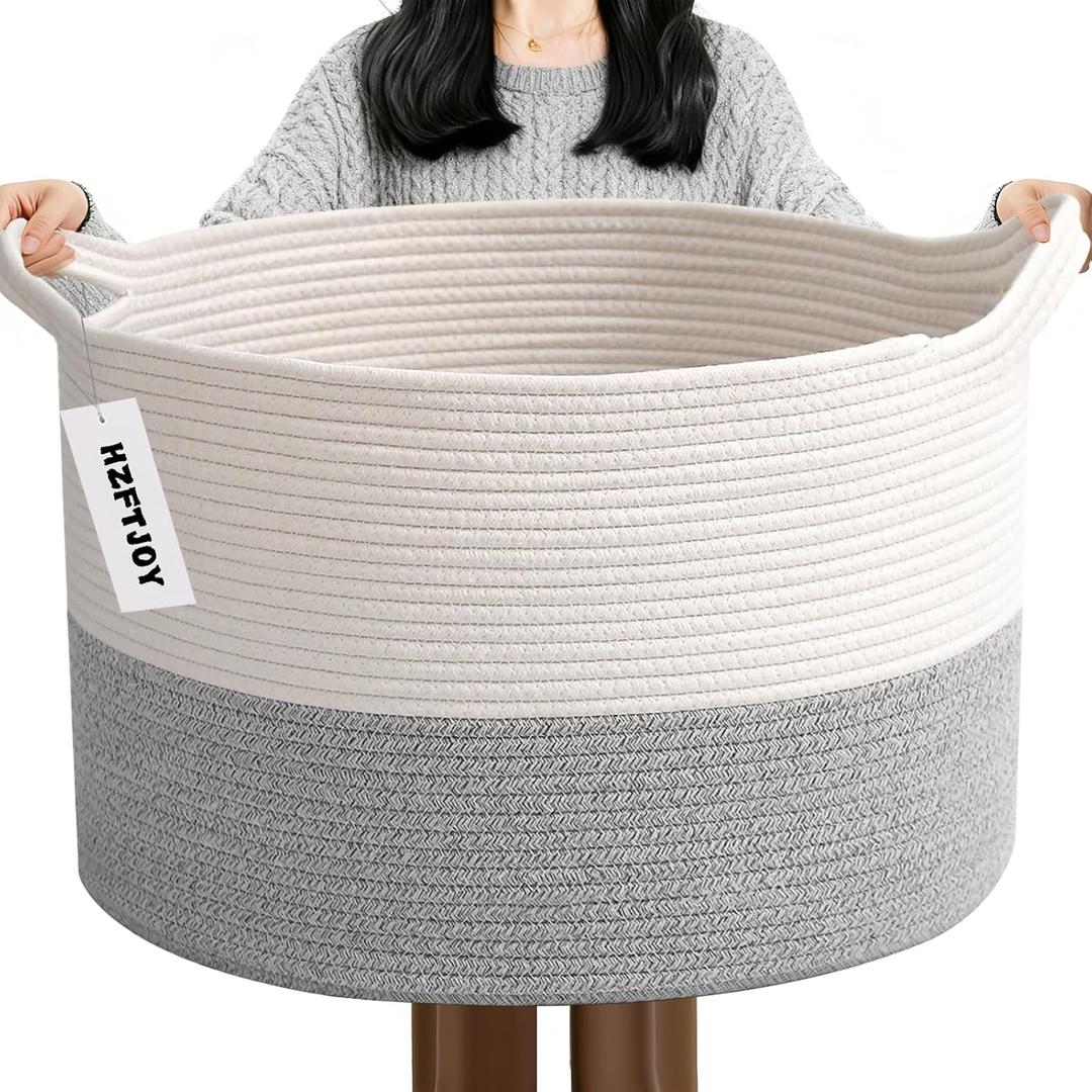 65L Large Blanket Basket,Woven Rope Laundry Basket Hamper with Handles,Decorative Nursery Basket Storage Bin for Toys, Pillows , Clothes Organizer, Living Room, Bedroom, Bathroom, White&Grey