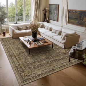 Washable 9x12 Area Rugs for Living Room, Boho Non-Slip Vintage Distress Lager Rugs for Bedroom Dining Room Nursery Office, 0.3" Neutral Oriental Throw Thin Carpet, Red/Brown/Multi, C4
