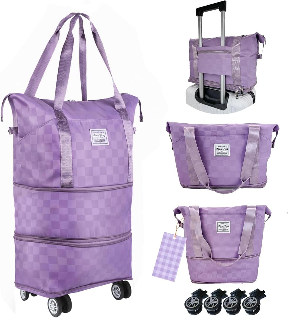 Expandable Foldable Duffel Bag Suitcase Detachable Rolling Wheels Carry On Large Duffel Bag Luggage Bag Suit Gym Camping Travel Or Business Trip Gift For Wife And Parents Checkerboard Purple