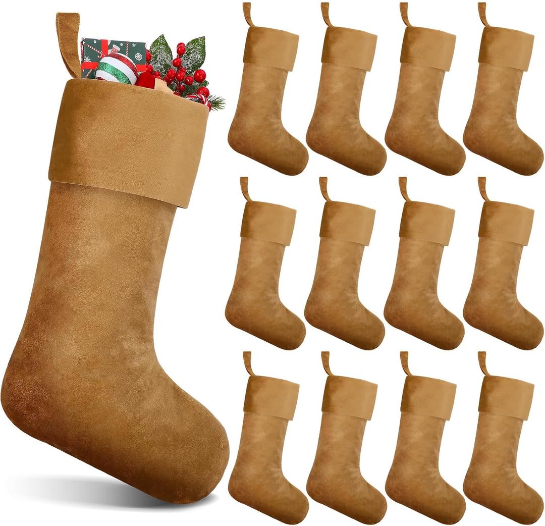 12 Pcs Velvet Christmas Stocking 18 Inch Bulk Rustic Soft Hanging Stockings Christmas Decoration for Xmas Holiday Family Party Tree Fireplace Classic Ornaments(Khaki)