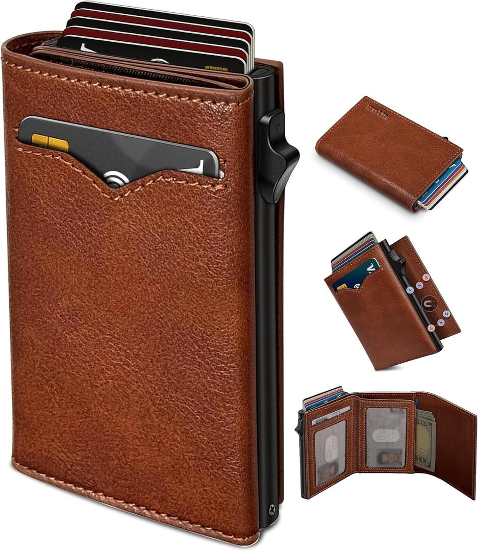 miyozi Wallet for Men, with Cash Pocket 2 ID Window 9-13 Cards, Metal Case Smart Slim Pop Up Credit Card Holder Flip with Magnetic Closure RFID Blocking Trifold wallet with Gift Box