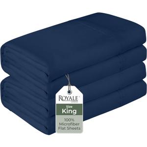Royale Linens 2 Pack Bulk Flat Sheet Set - Top Sheets - Soft 1800 Microfiber - Wrinkle & Stain Resistant - for Hotel, Massage Table, Hospital, Dorm - King Flat Sheet Sold Separately (King, Navy)