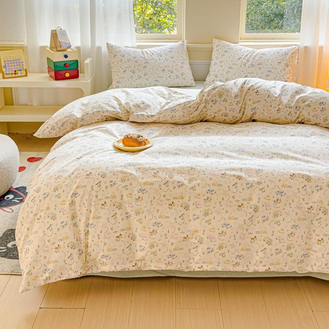 LIWHENHAO Car Duvet Cover Set Twin 100% Cotton Bedding Cartoon Truck Train Airplane Helicopter Print 1 Cute Vehicles Comforter Cover Zipper Closure 2 Pillowcases for Kids Girls Boys
