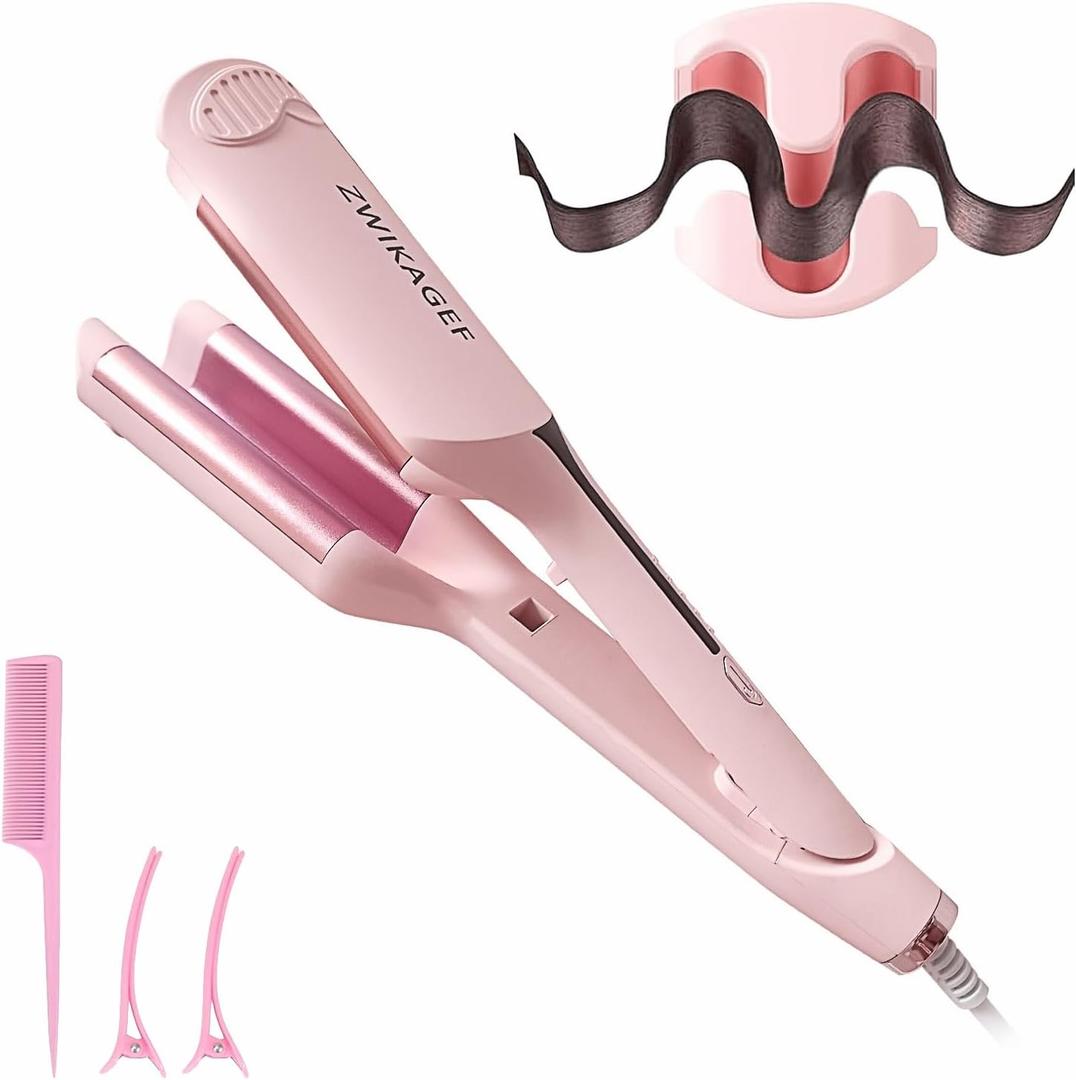 Curling Iron Crimper Hair Tool - ZWIKAGEF Hair Crimper Curling Wand, Curling Iron with Ceramic 3 Barrel for Short Hair Women, Dual Voltage, Anti-Scald, 1.25 Inch