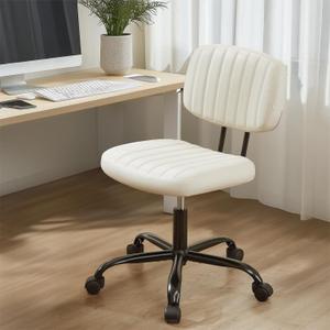 Sweetcrispy Small Office Desk Chair - Armless PU Leather with Comfy Lumbar Support, Height Adjustable Rolling Swivel Task for No Arms, for Adult, Student, Bedroom, Home, Vanity, Beige White