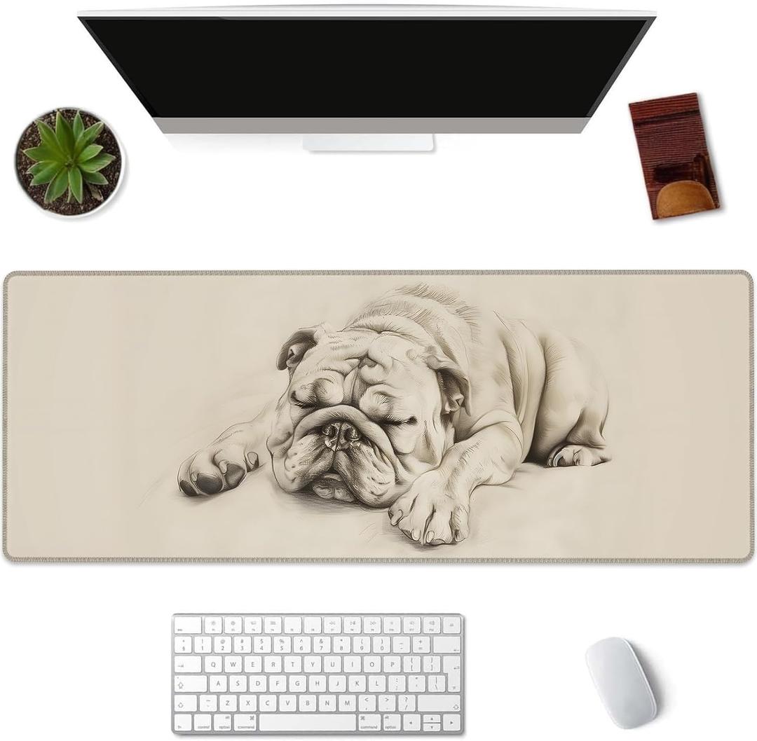 Cute Dog Gaming Mouse Pad Extended Desk Computer Keyboard Laptop Mouse Pads for Gaming Home Office Work, Large Long Desk Mat Mousepad with Non-Slip Rubber Base 31.5×11.8inch (Sleeping Bulldog)