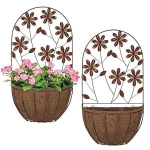 BAYN 2PKs Wall Hanging Planter Decor Art with Flower, Metal Wall Mounted Planters Indoor Outdoor Wall Planter for Succulent Herb Home Garden Yard