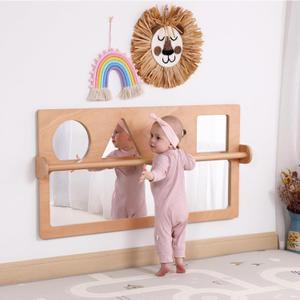 Baby Early Learning Shatter-Resistant Safety Mirrors w/Pull Up Bar, Infants Exploration Set, Toddlers Montessori Classroom Furniture for Daycare, Preschool and Nursery (Natural, Standard) (22.8"L x 45.6"W)
