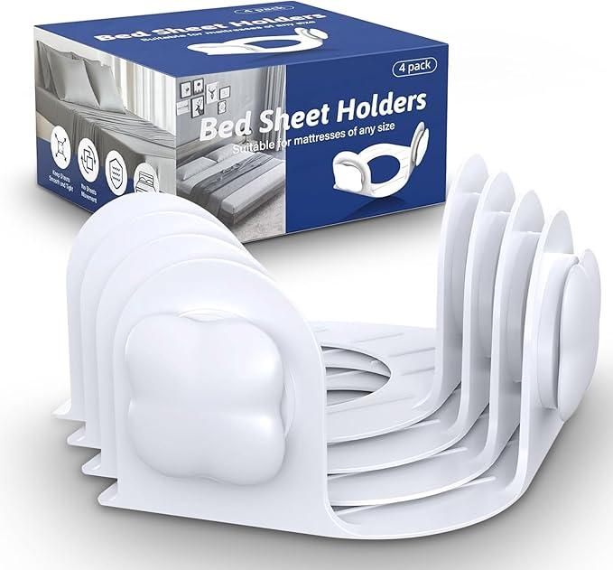 Ecohohoyyds Bed Sheet Holders for Corners: Fitted Bed Sheet Grippers with TwistLock Clips Keep Sheets Tight HeavyDuty Grip Quick All Mattresses Easy Installation 4 Pack White