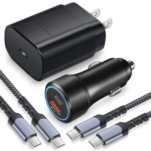 Super Fast USB C Car Charger, Bangfun 25W Type C Fast Charging Block/ Car Charger Adapter for Samsung Galaxy S22/ S21/ S20 Ultra/ S10, Note 20/ 10, A71/ Z Fold 3 with 2X 6.6ft USB C to C Cable (Black)