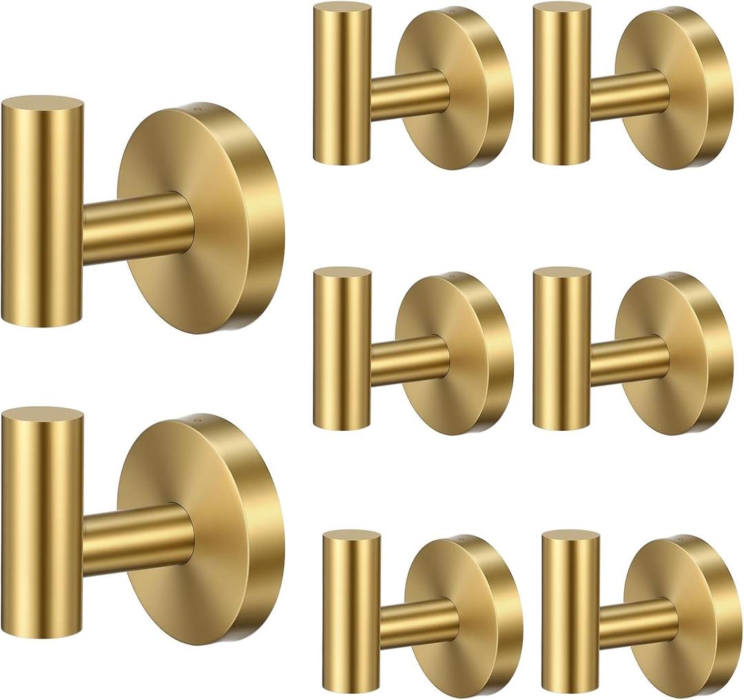 8 Pcs Gold Wall Hooks, 2.4X2Inch Bathroom Towel Hooks Gold Coat Hook Heavy Duty Towel Hangers Brushed Towels Steel Wall Hook for Bathroom Kitchen Closet Hanging Bag Hat Mudroom Bedroom
