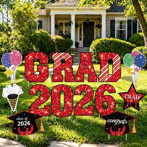 14 Pcs Graduation Yard Signs 2026 with Stakes, Large Red Outdoor Lawn Decorations Set, Class of 2026 Graduation Yard Signs for Garden, School & Driveway Display